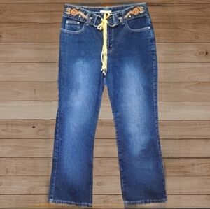 Vtg 90s Y2K Bagatelle floral embroidered suede fringe denim flared jeans 10 NWOT